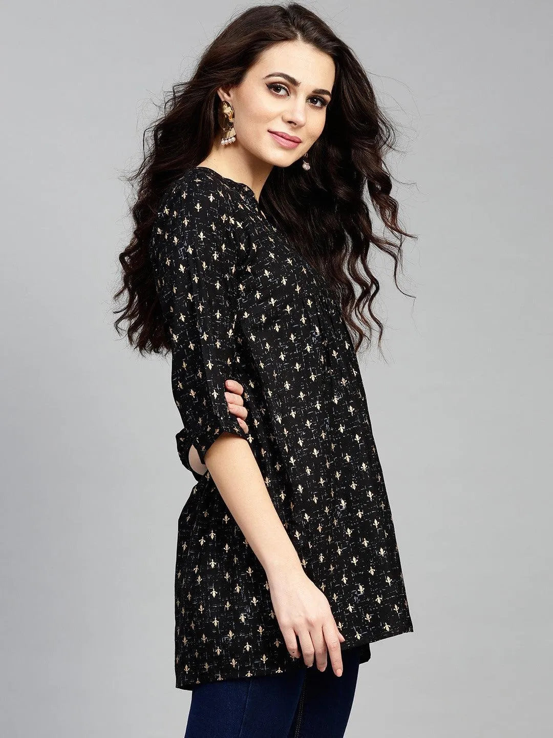 Black Printed Rayon Kurti - Libas