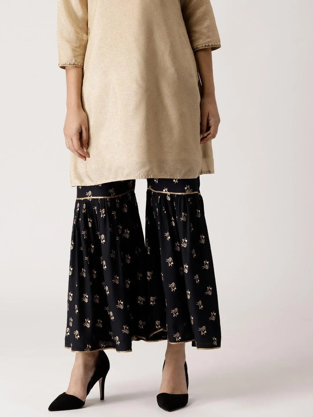 Black Printed Rayon Sharara Pants - Libas 