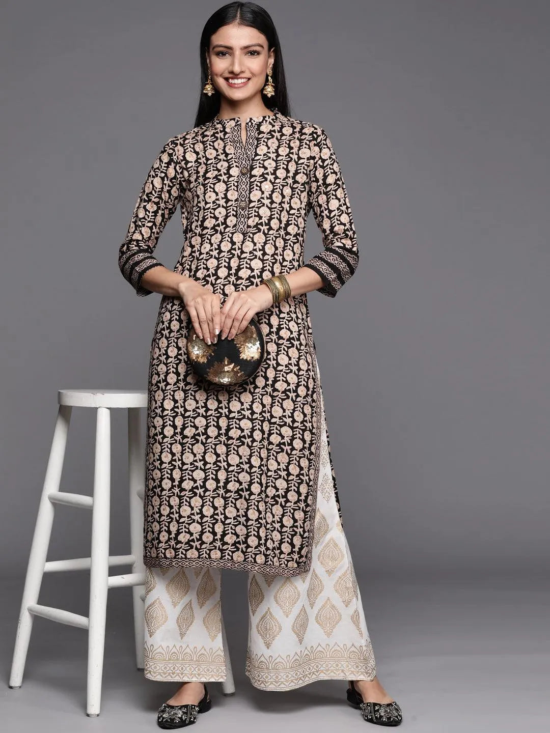 Black Printed Rayon Straight Kurta - Libas