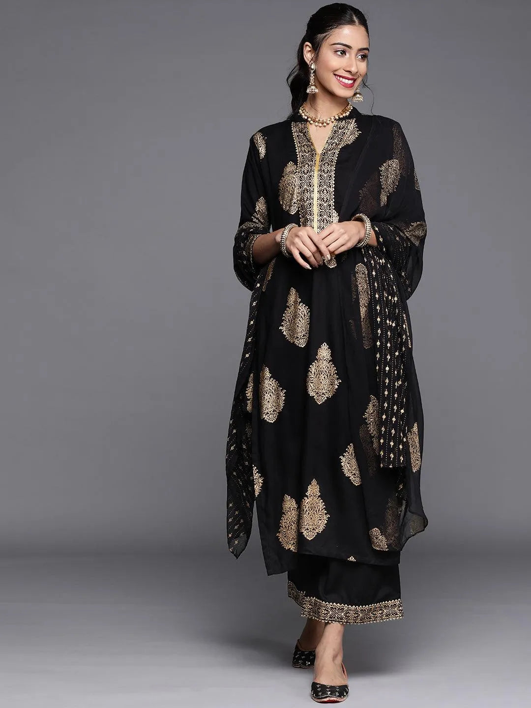 Black Printed Viscose Rayon Suit Set - Libas