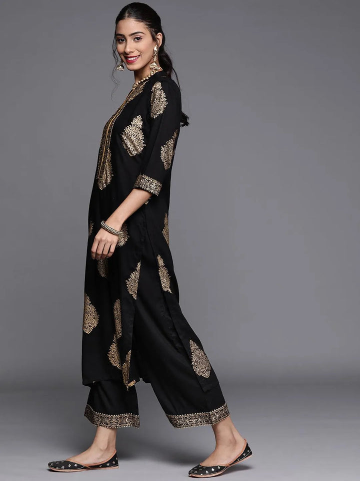 Black Printed Viscose Rayon Suit Set - Libas