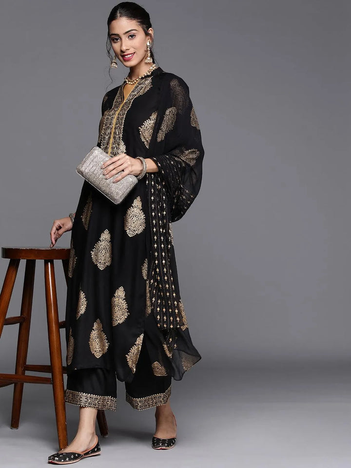 Black Printed Viscose Rayon Suit Set - Libas