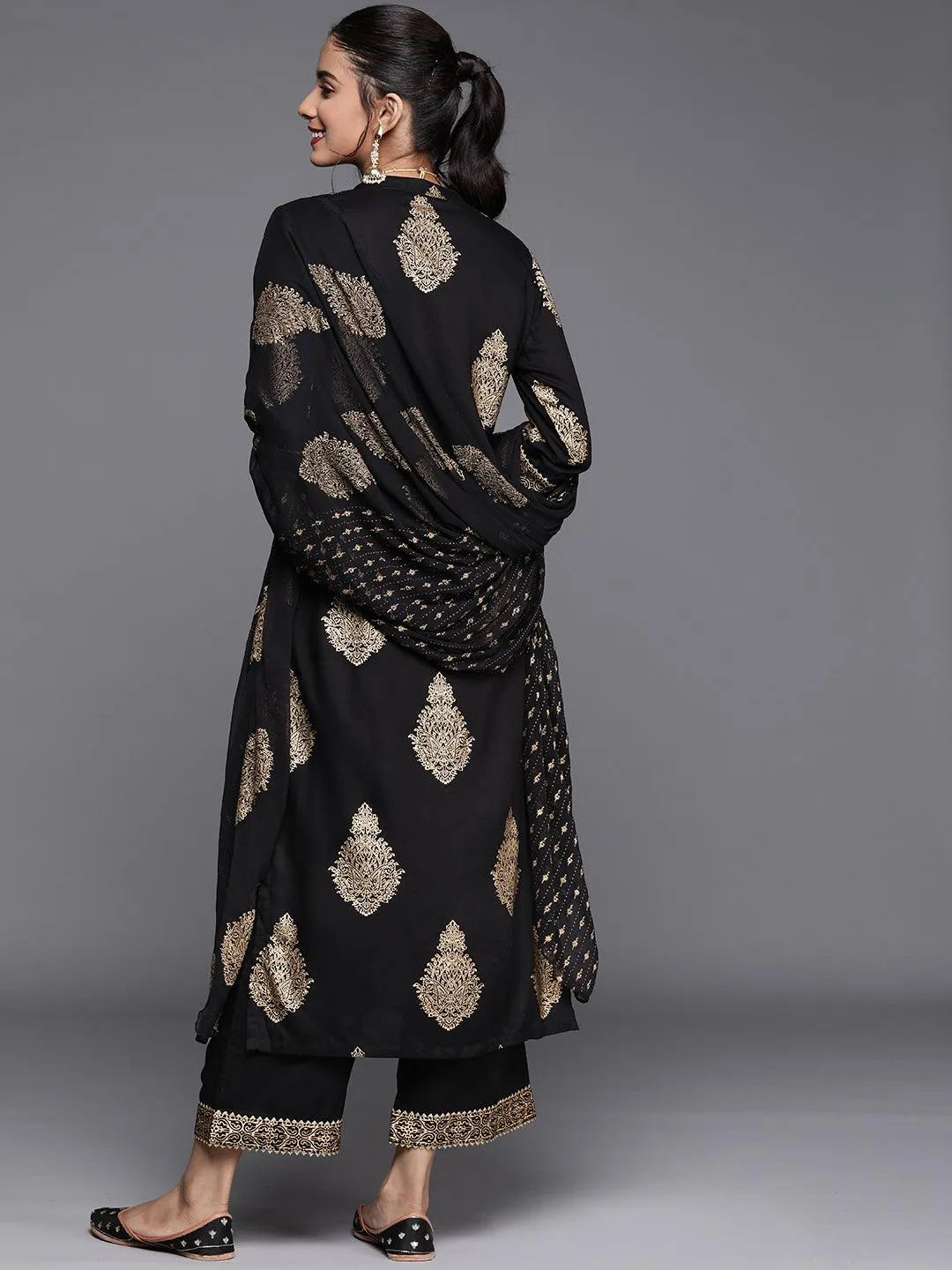 Black Printed Viscose Rayon Suit Set - Libas