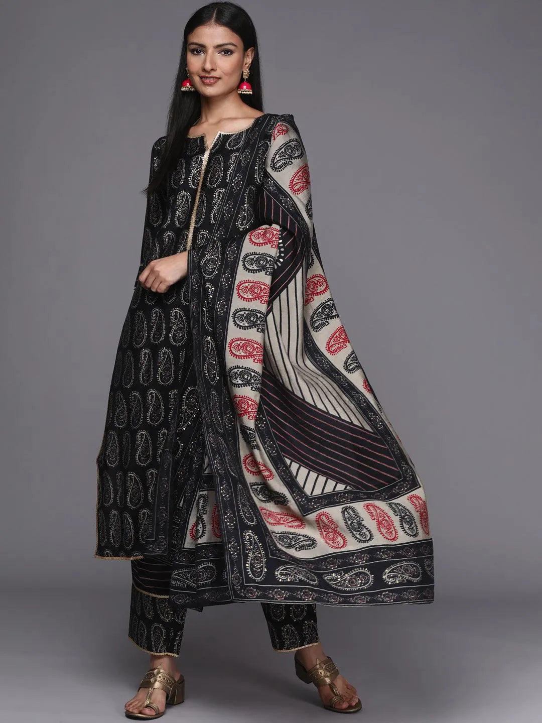 Black Printed Silk Blend Straight Suit Set - Libas 