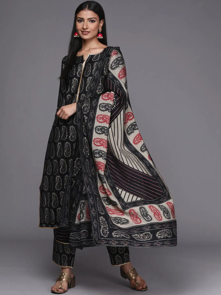 Black Printed Silk Blend Straight Suit Set - Libas