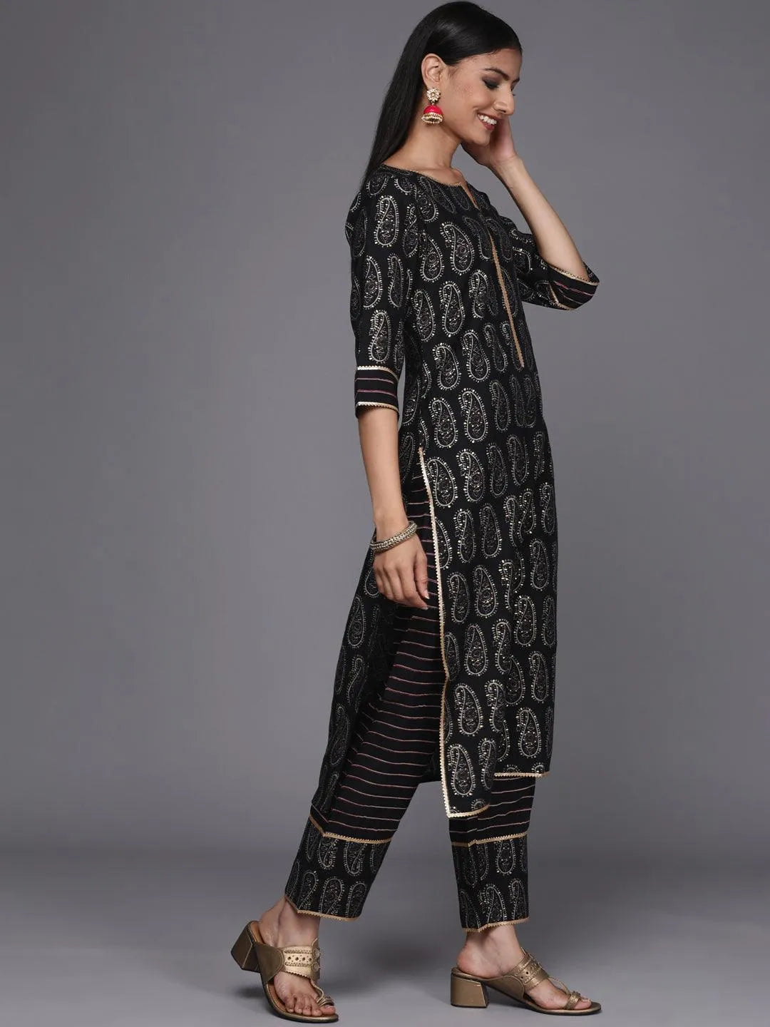 Black Printed Silk Blend Straight Suit Set - Libas 