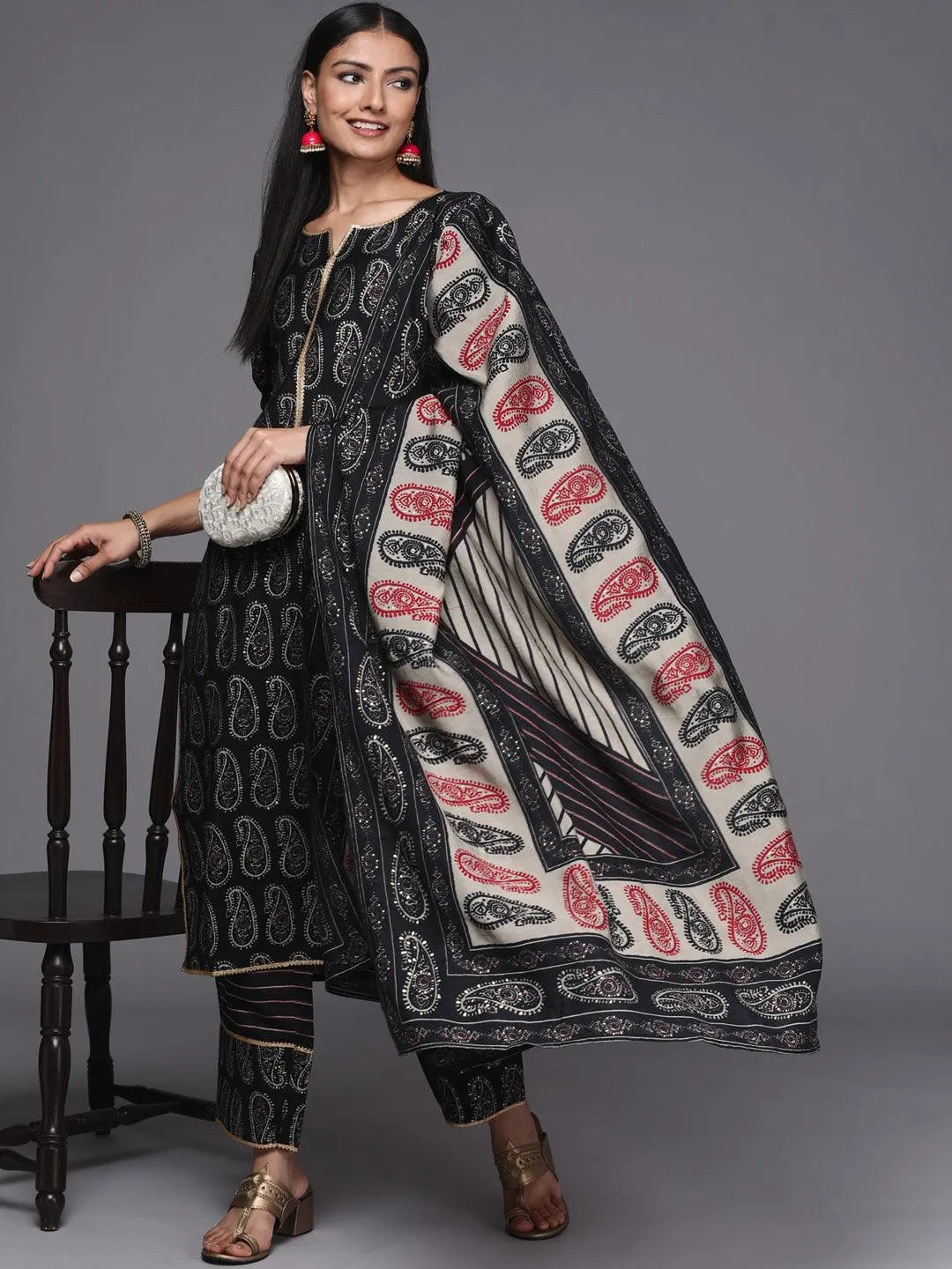 Black Printed Silk Blend Straight Suit Set - Libas 