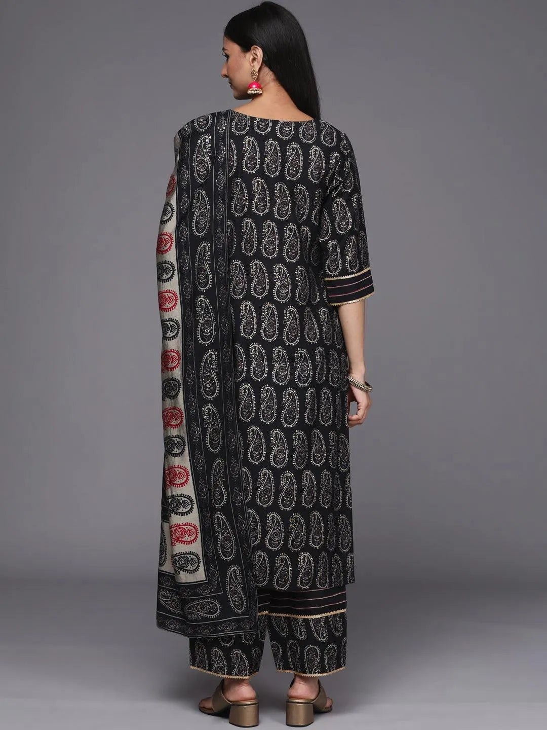 Black Printed Silk Blend Straight Suit Set - Libas 