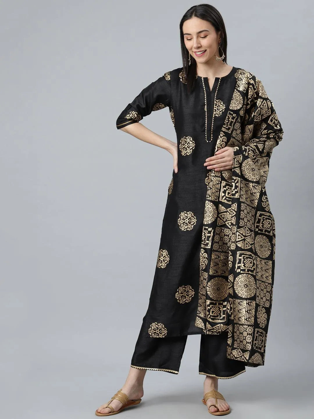 Black Printed Silk Blend Suit Set - Libas 