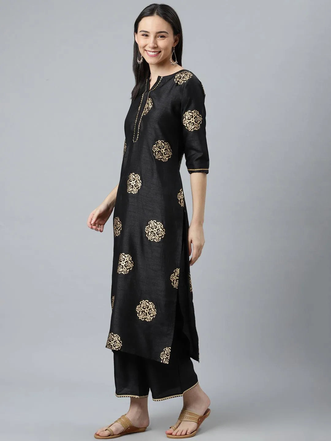 Black Printed Silk Blend Suit Set - Libas 