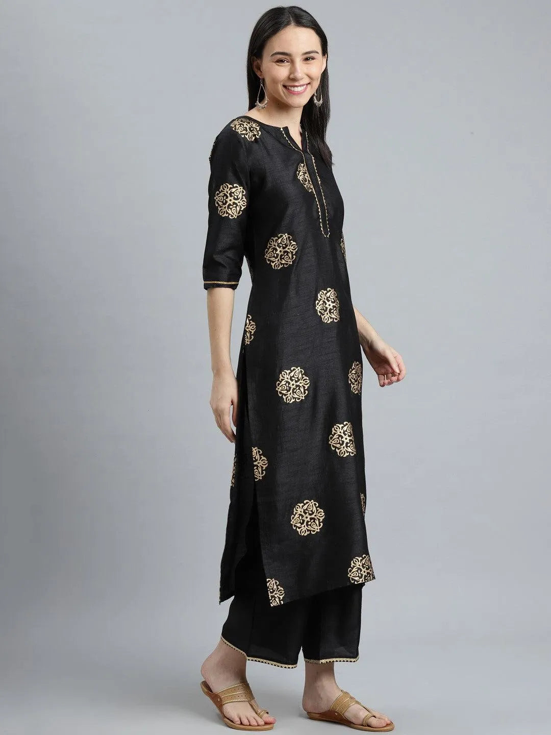 Black Printed Silk Blend Suit Set - Libas 