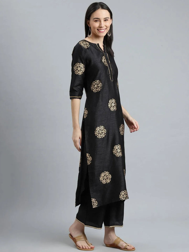 Black Printed Silk Blend Suit Set - Libas