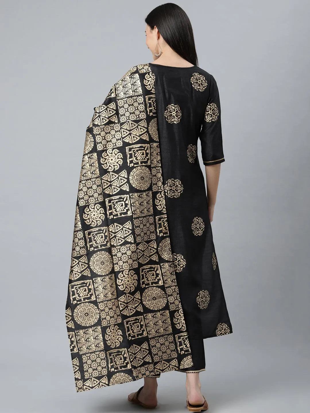 Black Printed Silk Blend Suit Set - Libas 