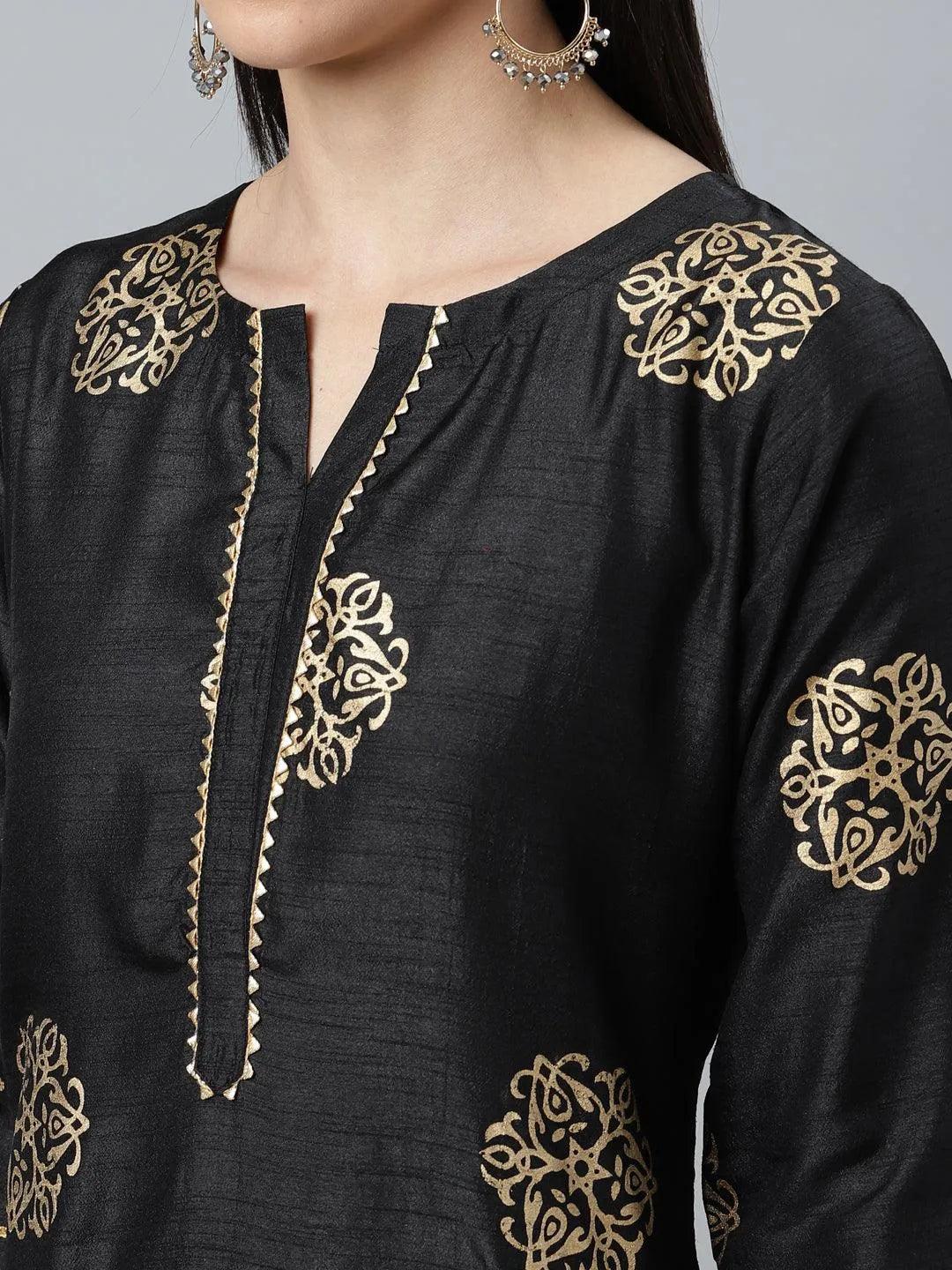 Black Printed Silk Blend Suit Set - Libas 