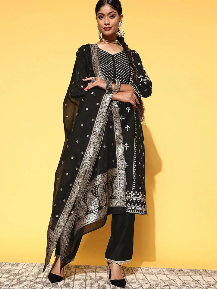 Black Printed Silk Blend Straight Suit Set - Libas