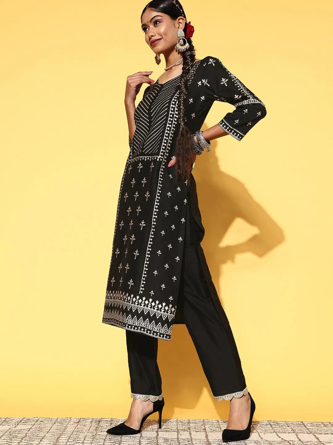 Black Printed Silk Blend Straight Suit Set - Libas