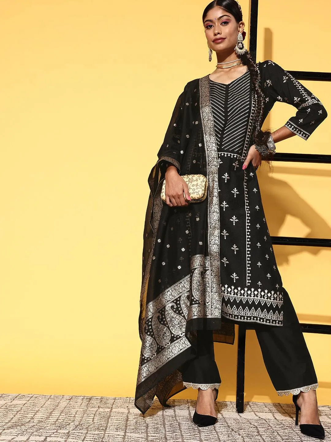 Black Printed Silk Blend Straight Suit Set - Libas