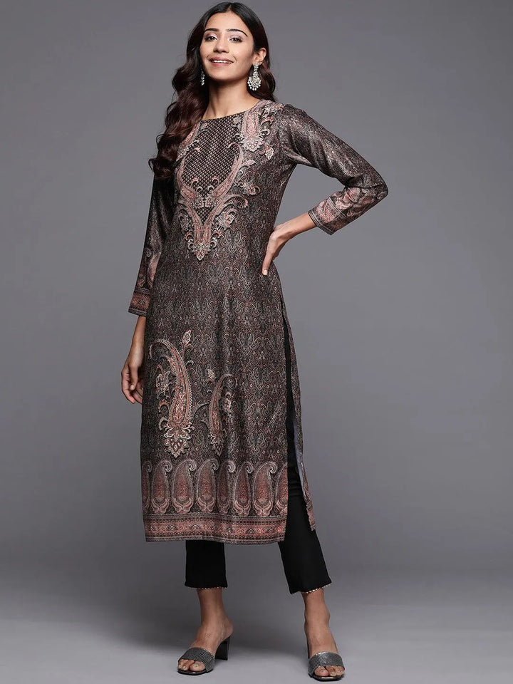 Black Printed Velvet Straight Kurta - Libas