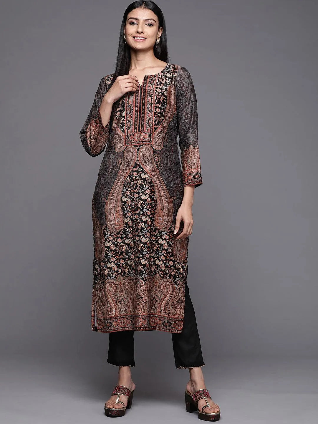 Black Printed Velvet Straight Kurta - Libas