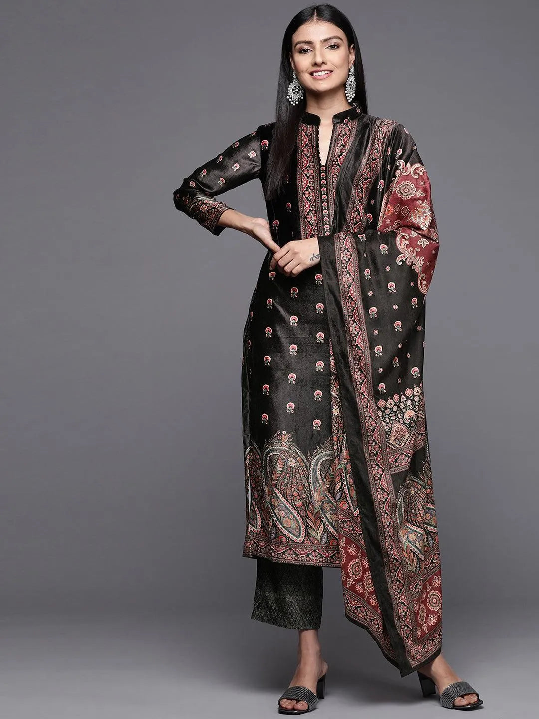 Black Printed Velvet Straight Suit Set - Libas 