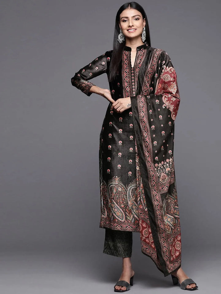 Black Printed Velvet Straight Suit Set - Libas