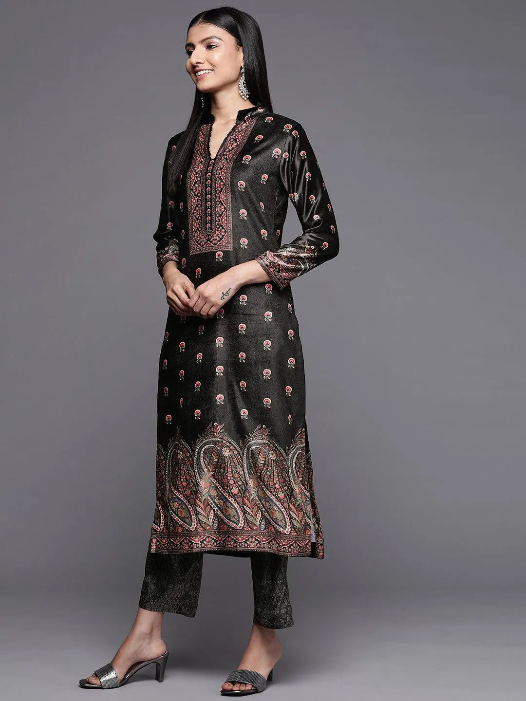 Black Printed Velvet Straight Suit Set - Libas 