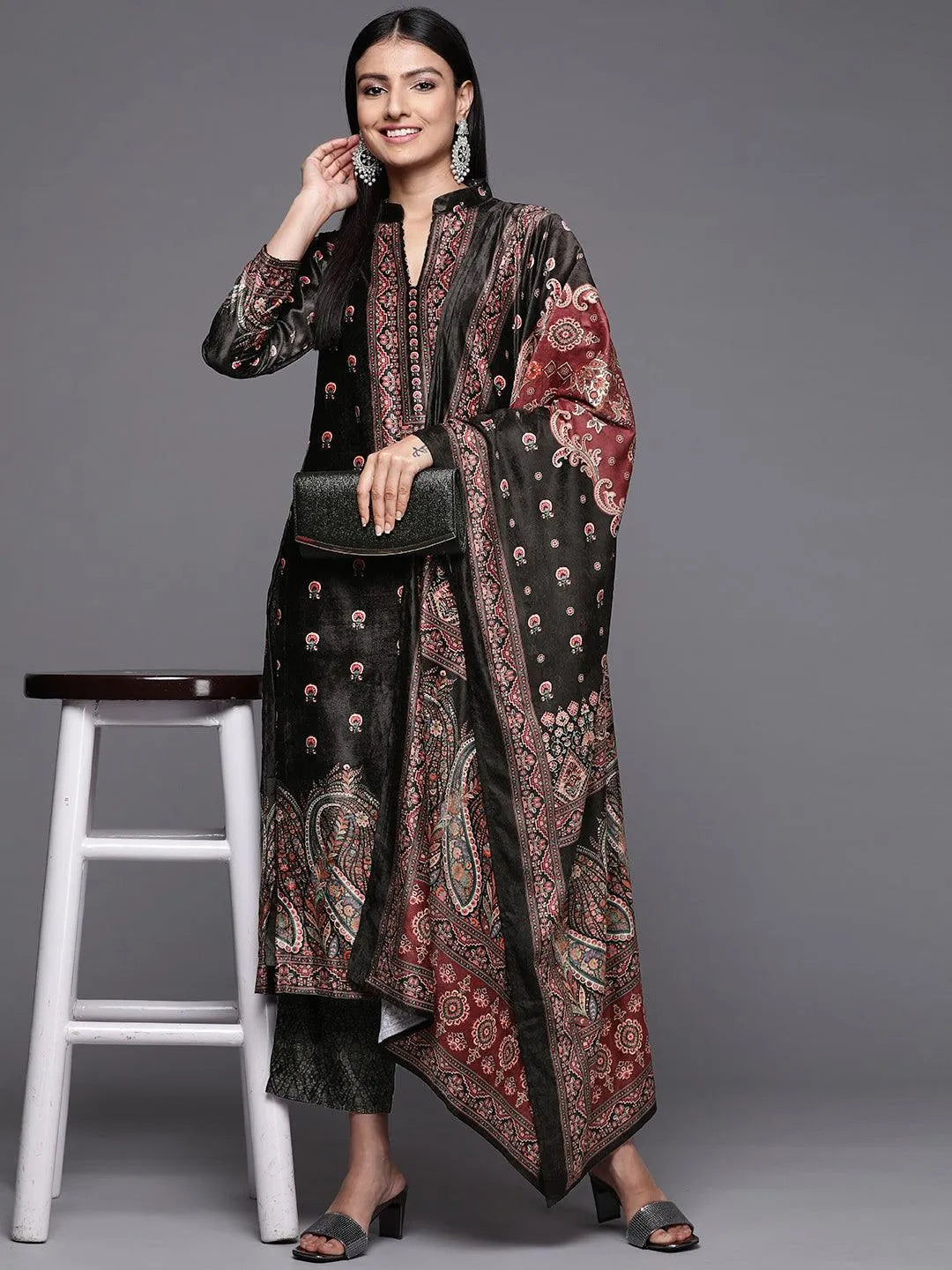 Black Printed Velvet Straight Suit Set - Libas 