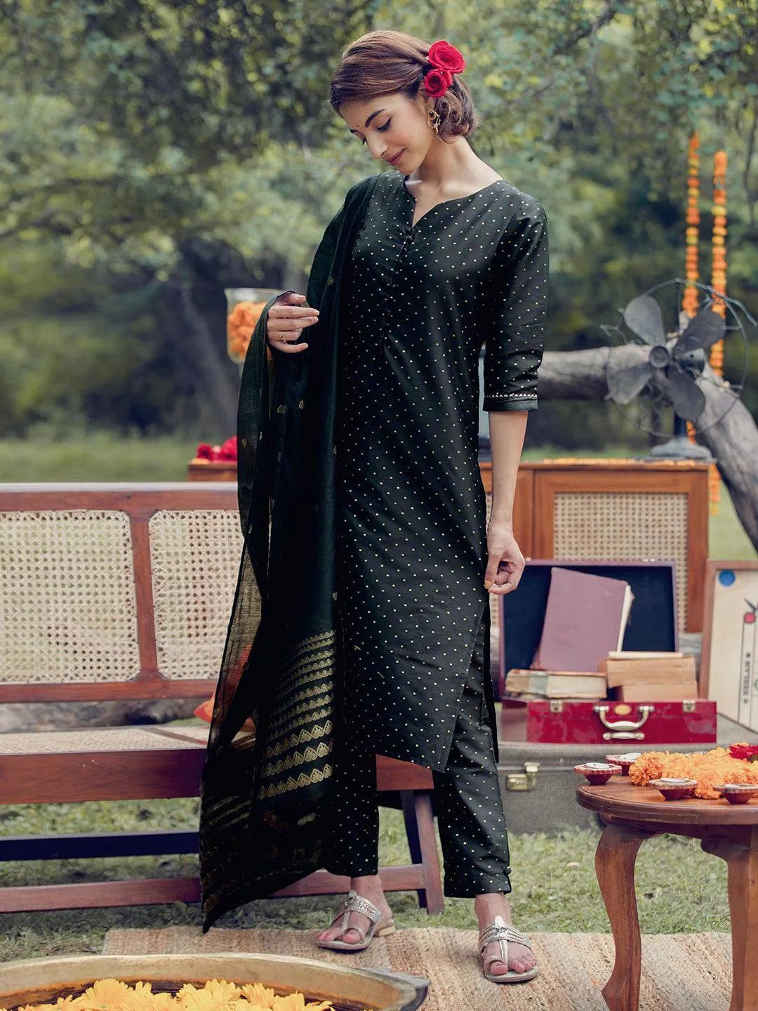 Black Self Design Art Silk Straight Kurta With Trousers & Dupatta - Libas 