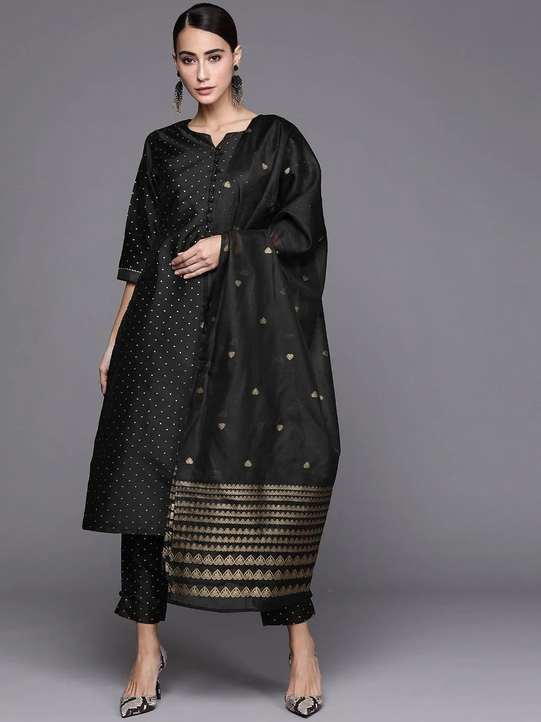 Black Self Design Art Silk Suit Set - Libas 