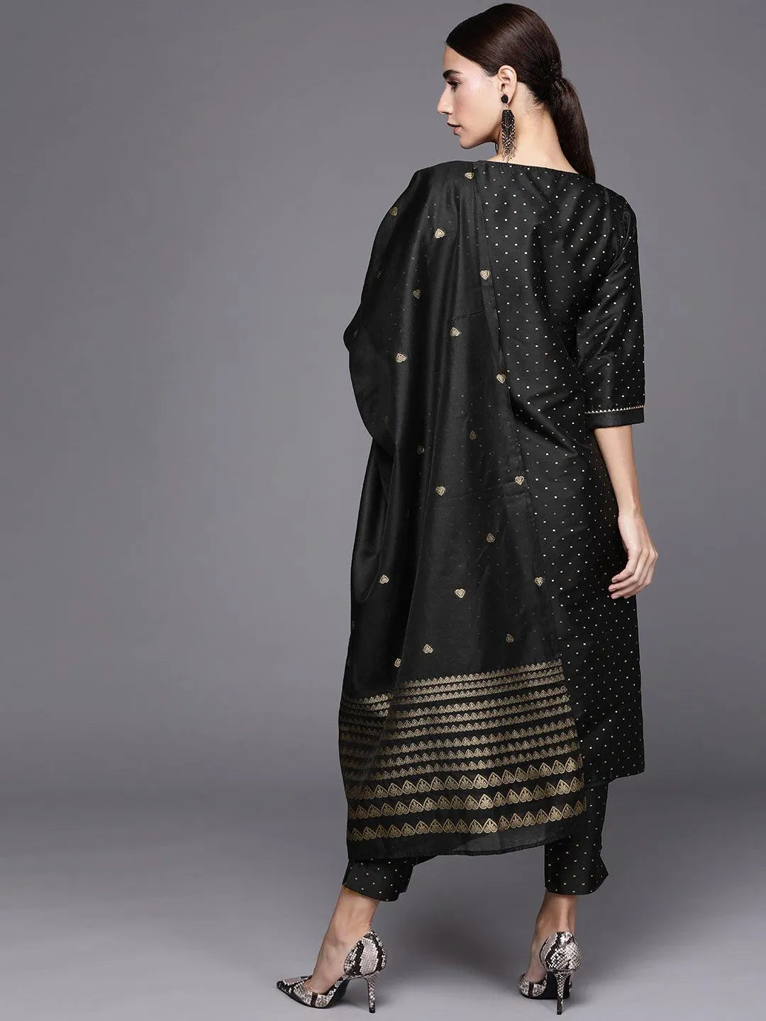 Black Self Design Art Silk Suit Set - Libas 