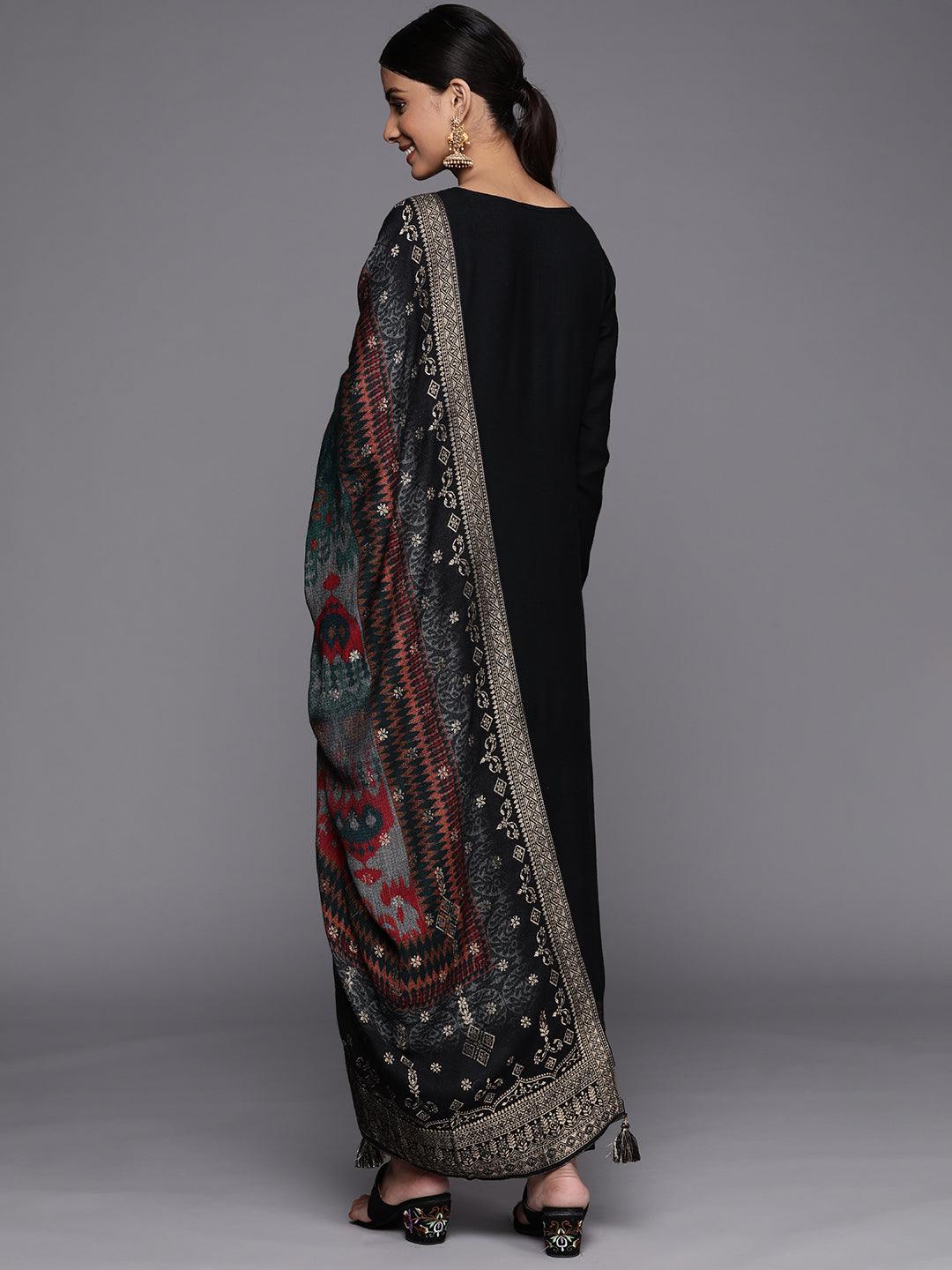 Black Self Design Pashmina Wool Straight Kurta With Dupatta