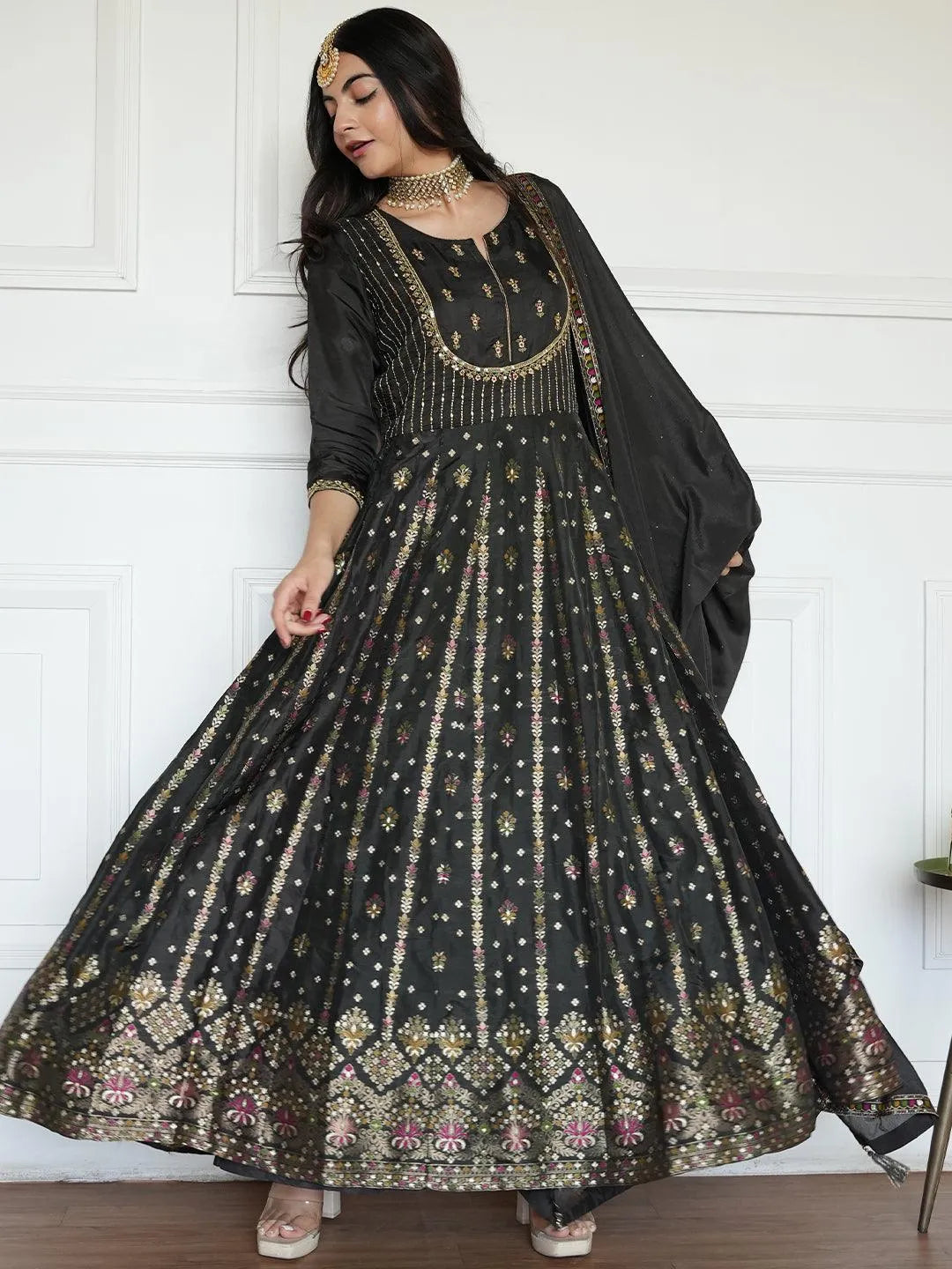 Black Self Design Silk Anarkali Kurta With Churidar & Dupatta - Libas 