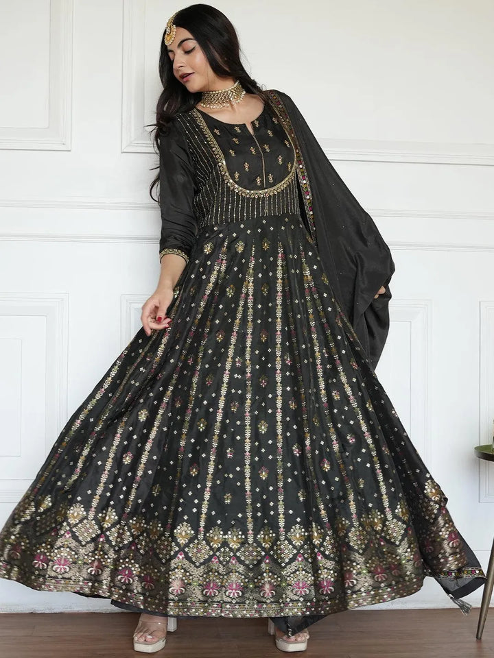 Black Self Design Silk Anarkali Kurta With Churidar & Dupatta - Libas