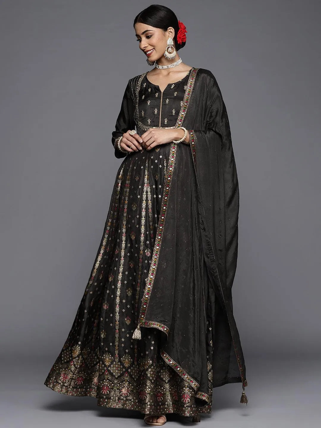 Black Self Design Silk Anarkali Suit Set - Libas 