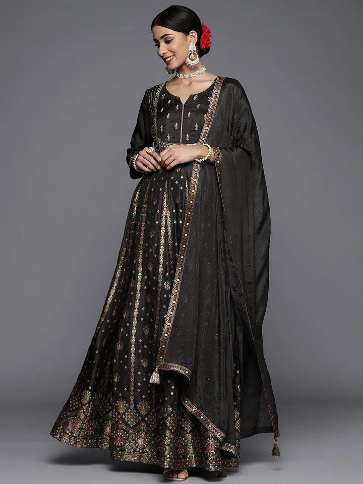 Black Self Design Silk Anarkali Suit Set - Libas