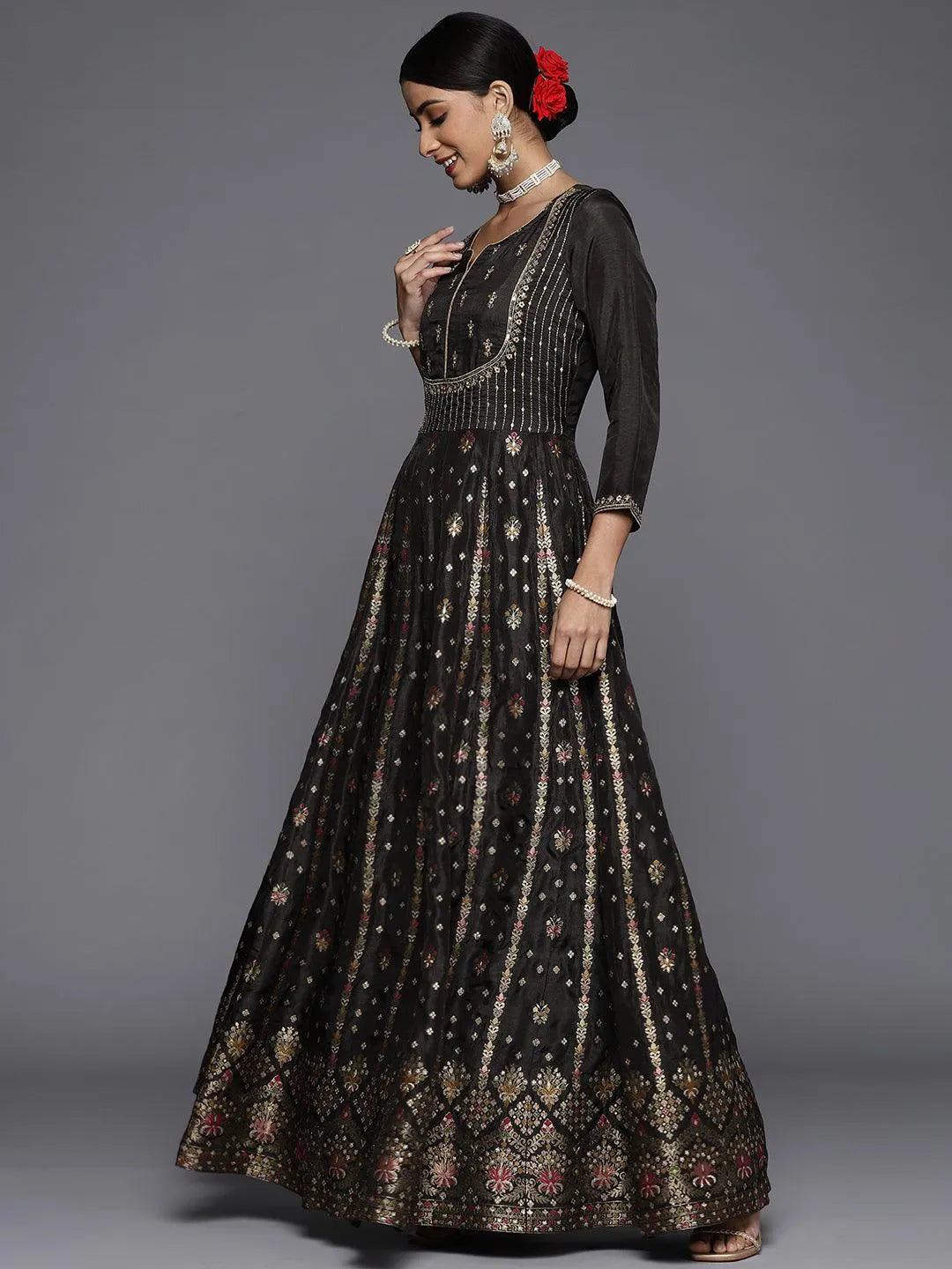 Black Self Design Silk Anarkali Suit Set - Libas 