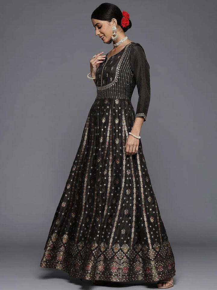 Black Self Design Silk Anarkali Suit Set - Libas