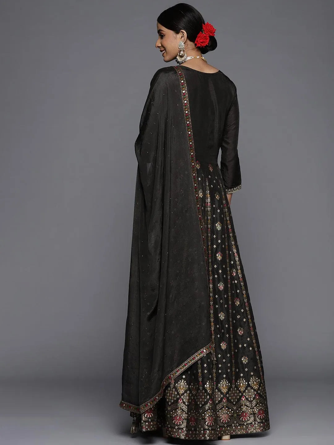 Black Self Design Silk Anarkali Suit Set - Libas 