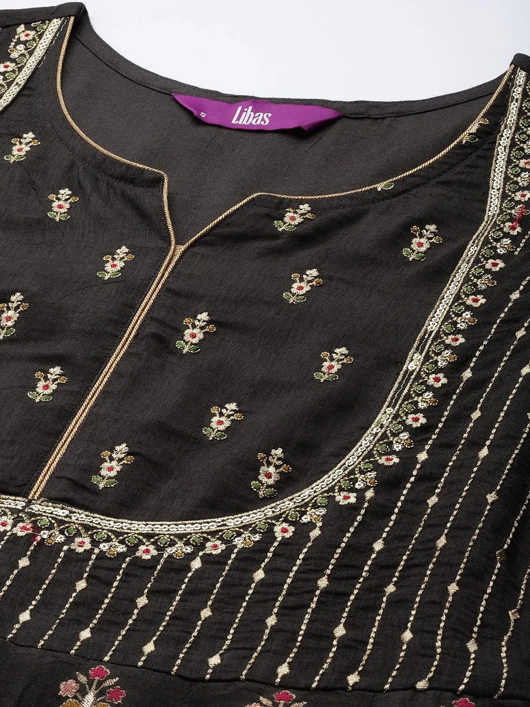 Black Self Design Silk Anarkali Suit Set - Libas 