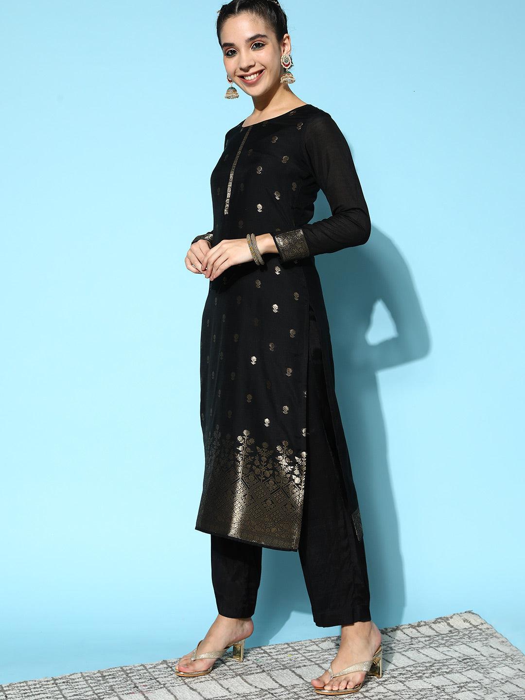 Black Self Design Silk Blend Straight Kurta With Dupatta