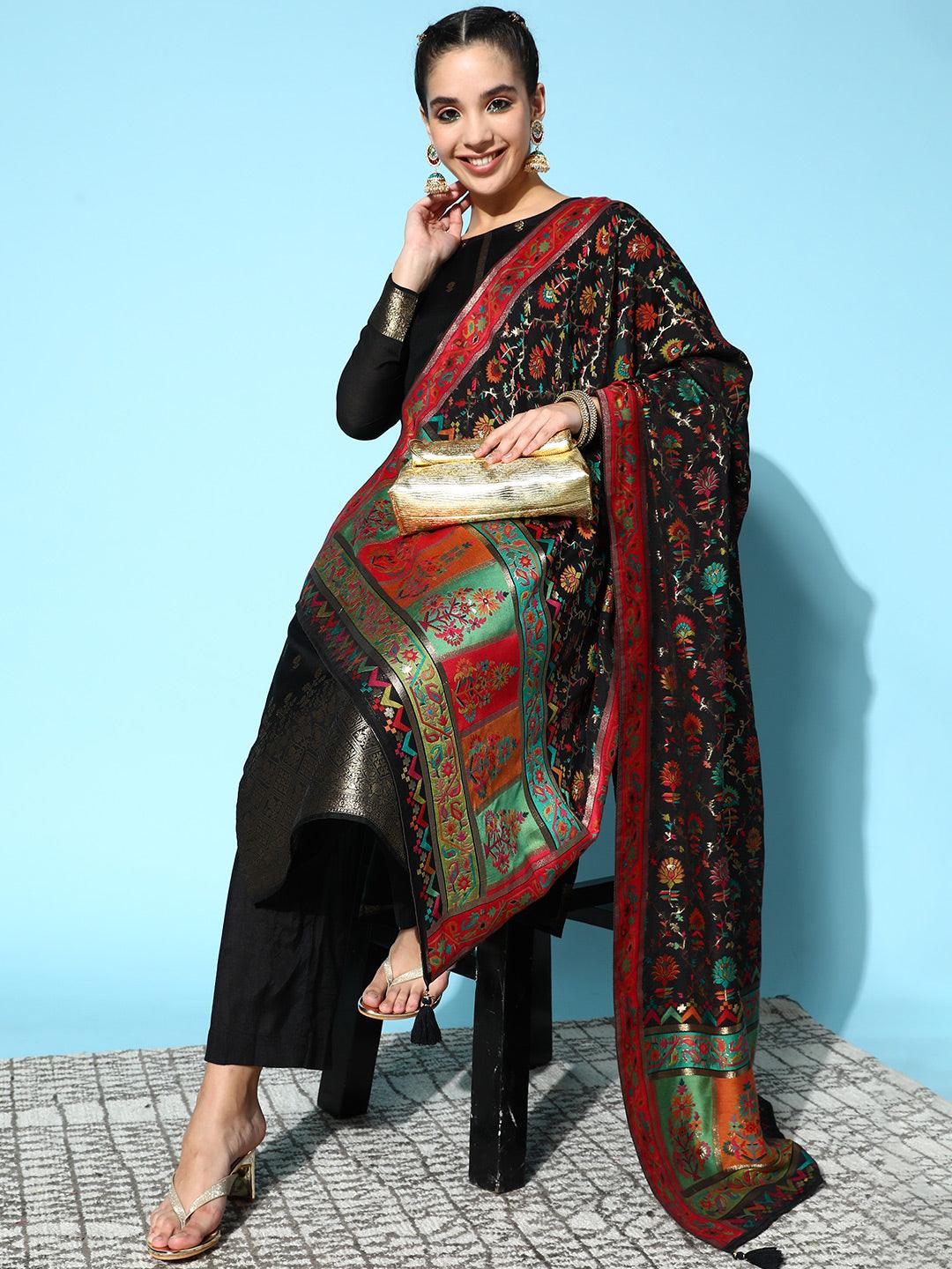 Black Self Design Silk Blend Straight Kurta With Dupatta