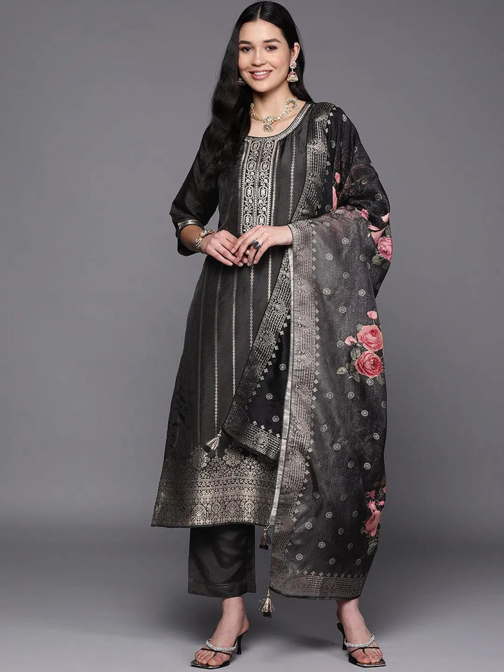 Black Self Design Silk Suit Set With Trousers - Libas