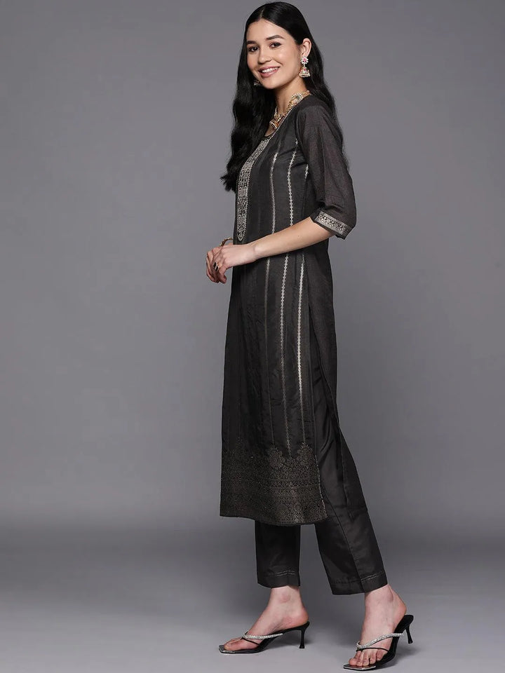 Black Self Design Silk Suit Set With Trousers - Libas