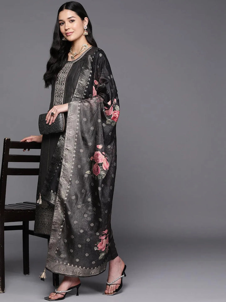 Black Self Design Silk Suit Set With Trousers - Libas