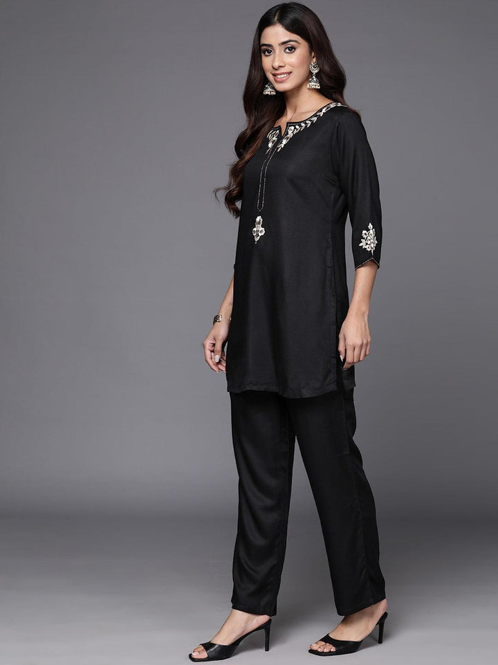 Black Self Design Wool Blend Tunic With Trousers - Libas