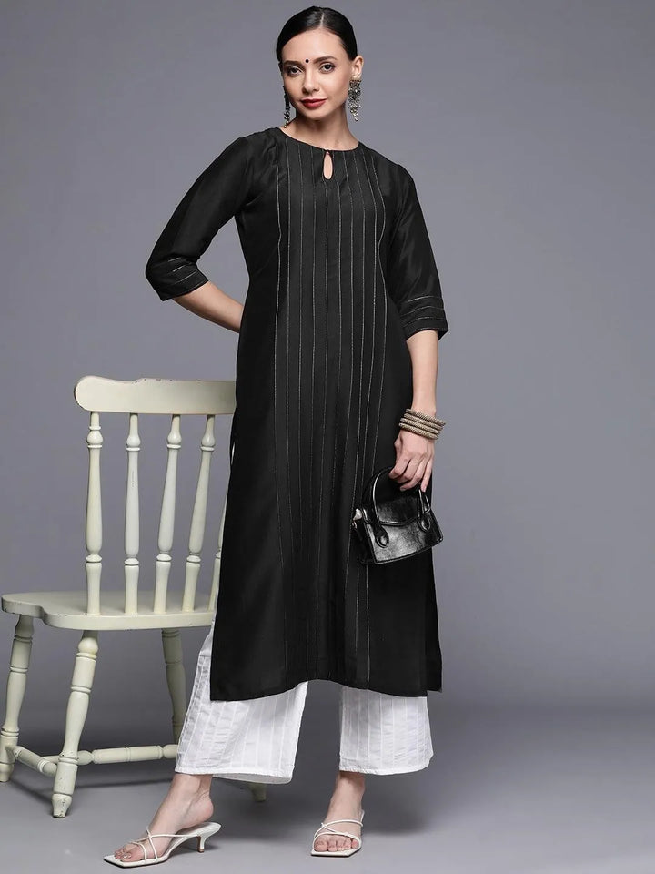 Black Solid Chanderi Silk Kurta - Libas