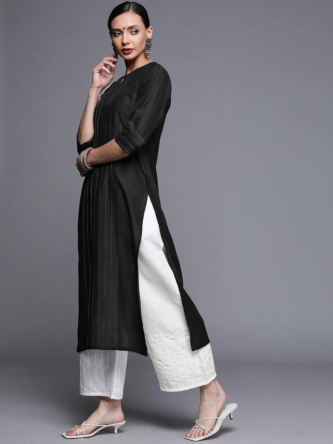 Black Solid Chanderi Silk Kurta - Libas