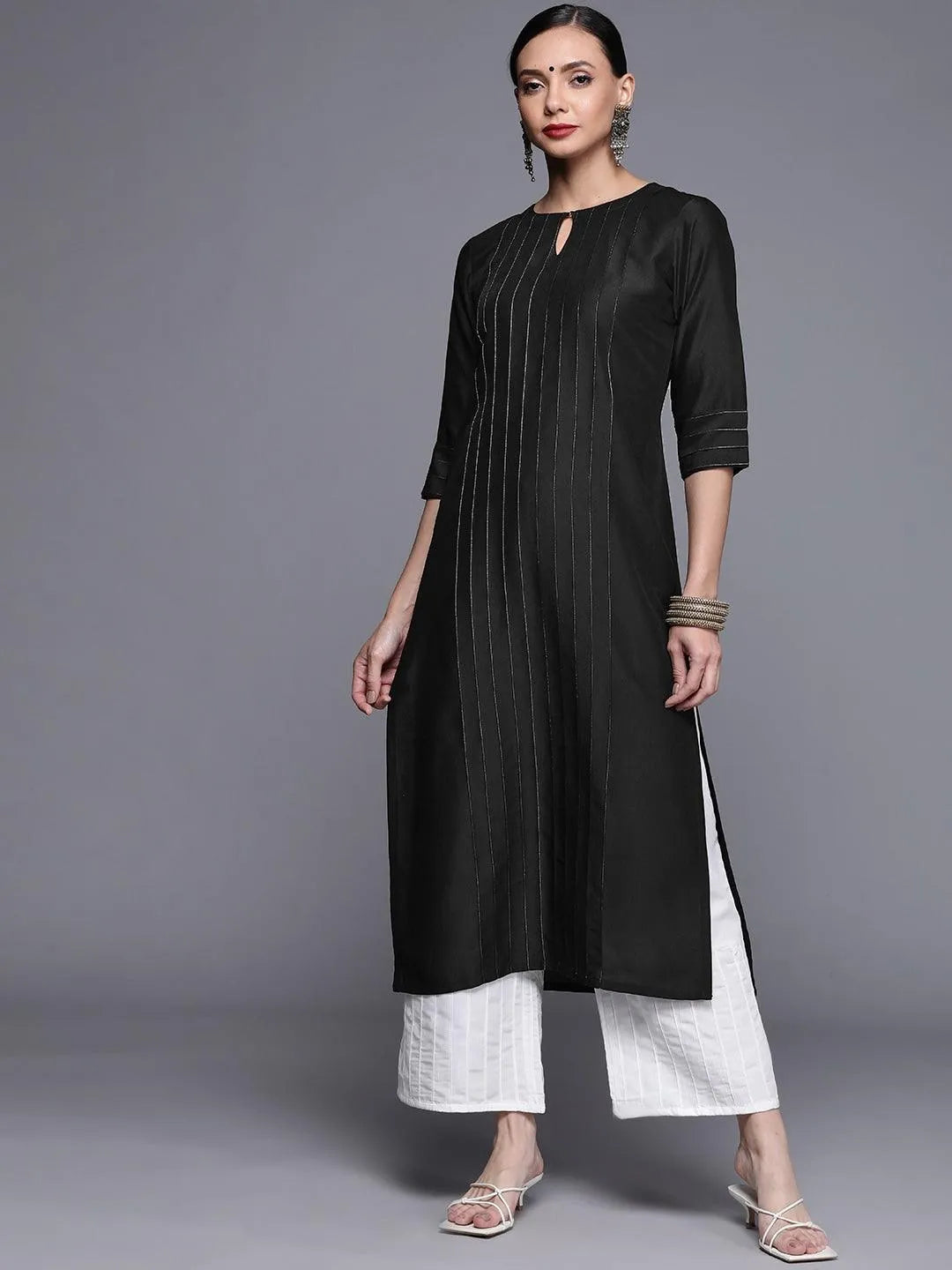 Black Solid Chanderi Silk Kurta - Libas 