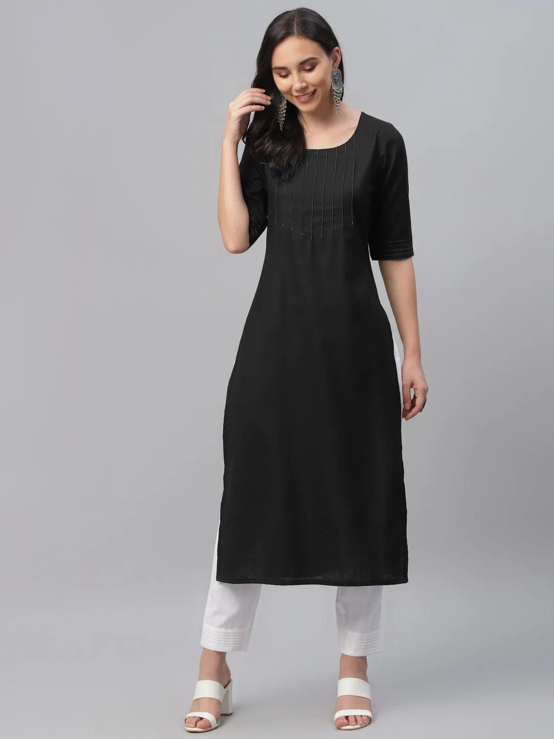 Black Solid Cotton Kurta - Libas