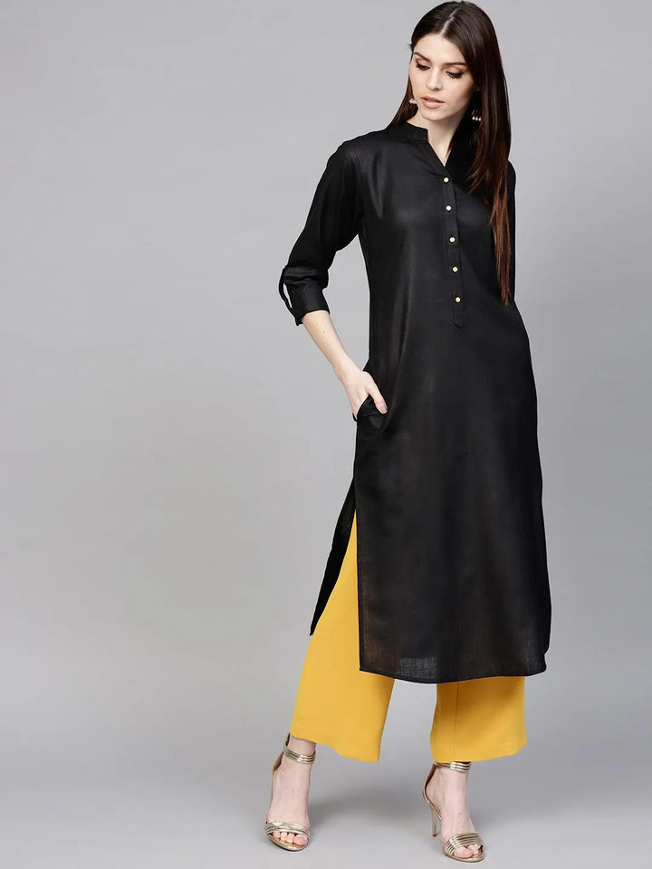 Black Solid Cotton Kurta - Libas